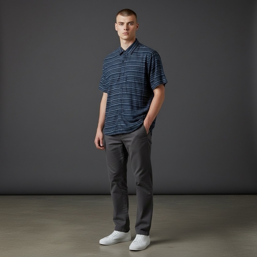 Travis Mathew Mens Short Sleeveโ Button Down Shirt Navy Blue Stripe Size L